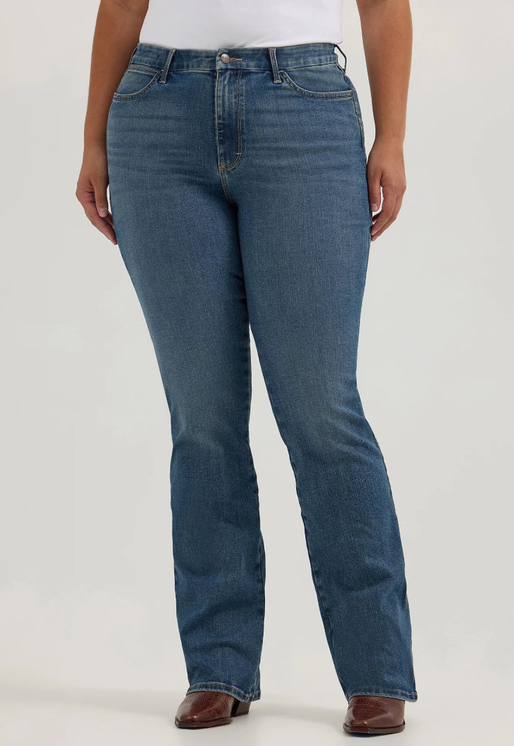 Wrangler bootcut jeans displayed on a hanger, featuring classic denim fabric, button waist, and relaxed fit.