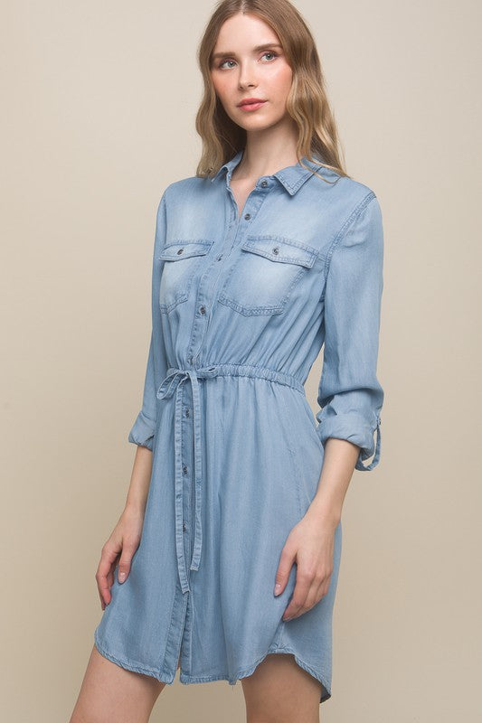 Button Down Tencel Denim Midi Dress - Vella Moda