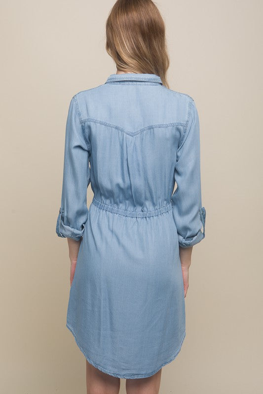 Button Down Tencel Denim Midi Dress - Vella Moda