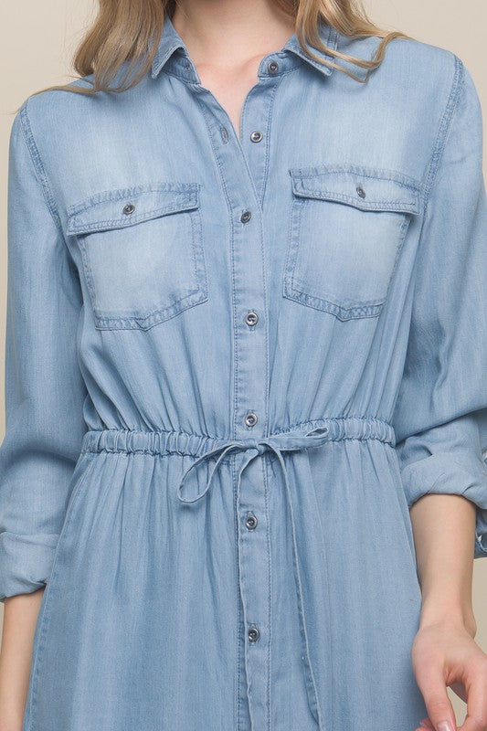 Button Down Tencel Denim Midi Dress - Vella Moda