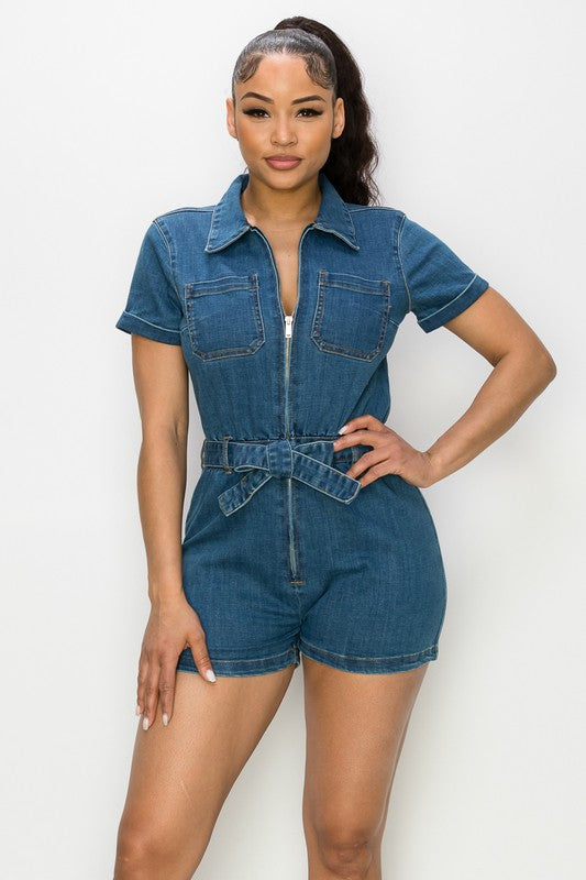 HIGH RISE BELTED ROMPER SHORTS - Vella Moda