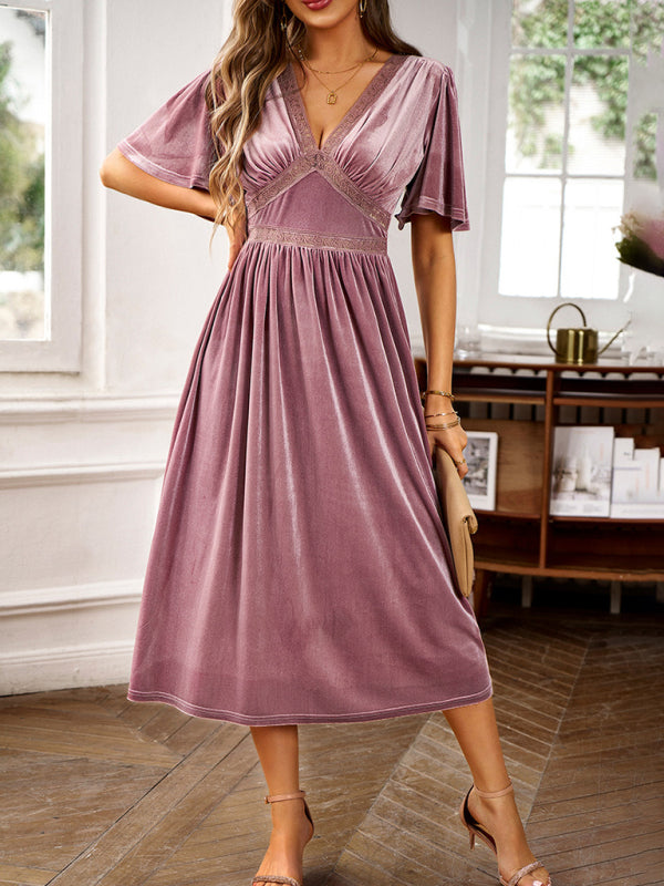New elegant V-neck short-sleeved velvet dress - Vella Moda