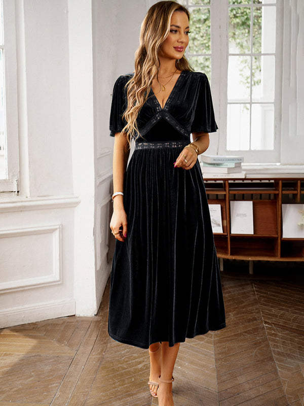 New elegant V-neck short-sleeved velvet dress - Vella Moda