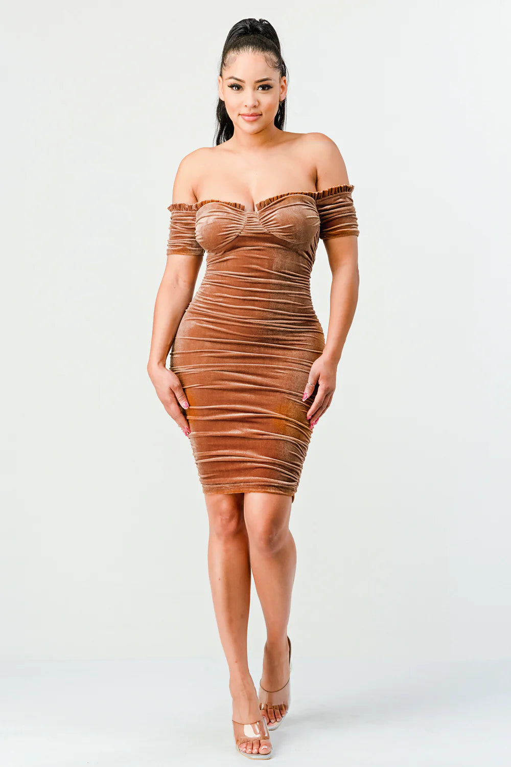 LUXE VELVET OFF SHOULDER BODYCON DRESS - Vella Moda