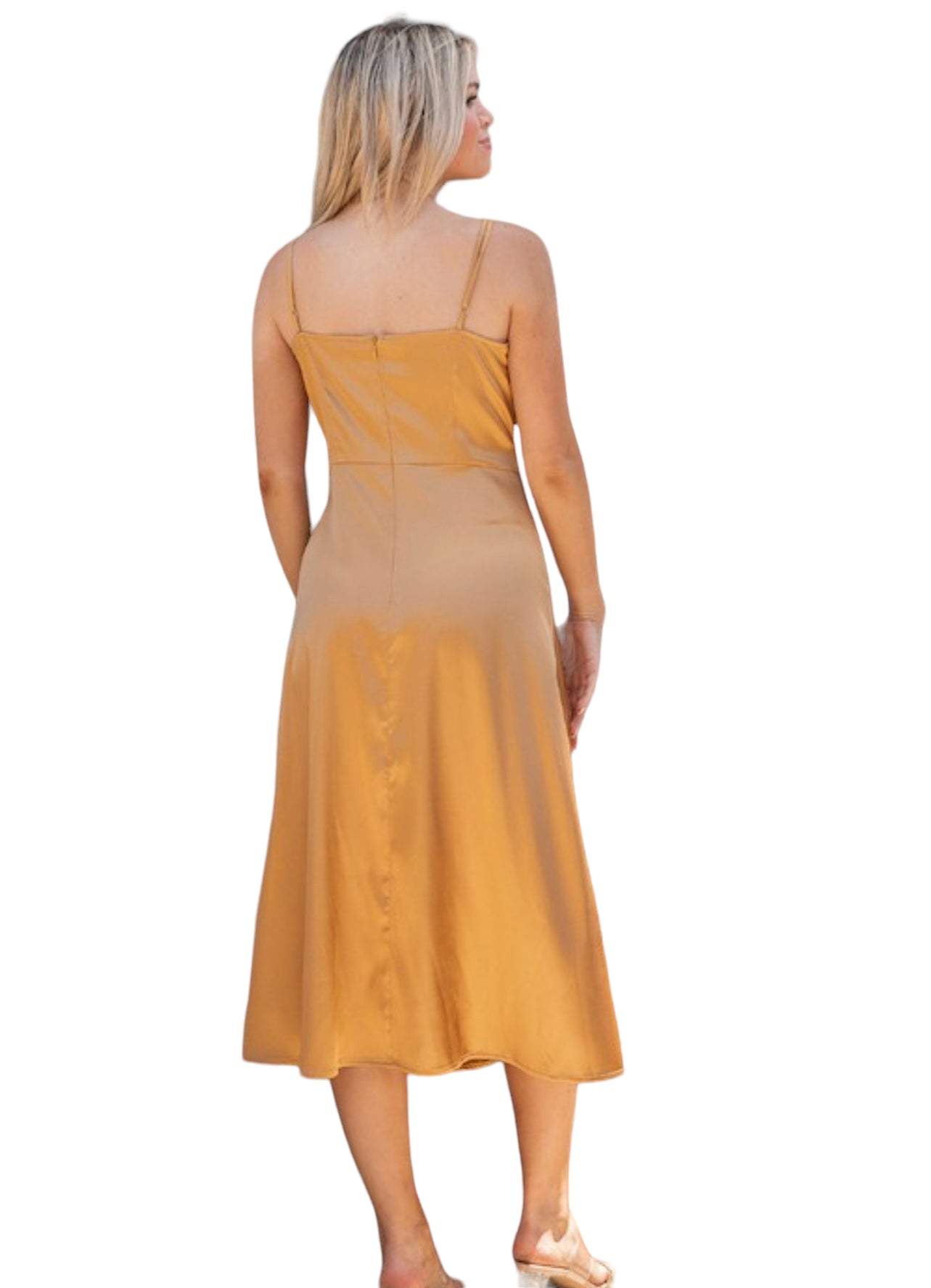 Rokoko solid satin midi dress featuring a sleek fit, smooth fabric, and elegant length, perfect for formal or evening wear.