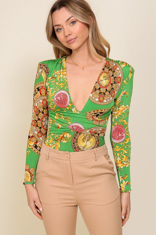 Bella Moda Latina Venezia long sleeve bodysuit, stylish black top with fitted design and crew neckline, close-up view.