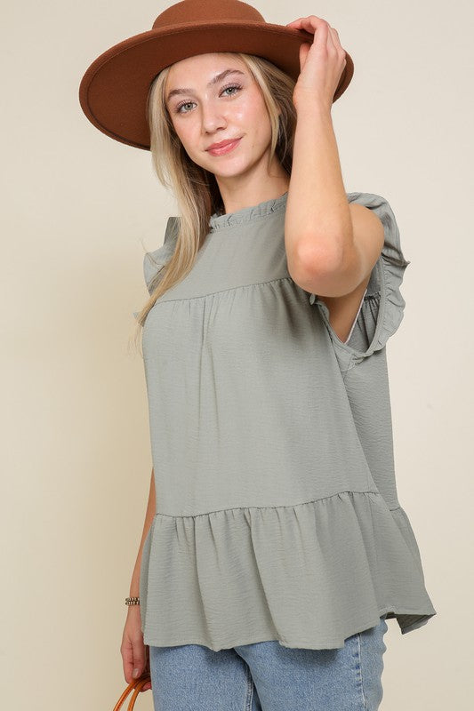 BABYDOLL TOP WITH RUFFLE SLEEVES AND NECKLINE - Vella Moda