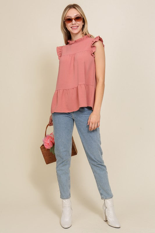 BABYDOLL TOP WITH RUFFLE SLEEVES AND NECKLINE - Vella Moda