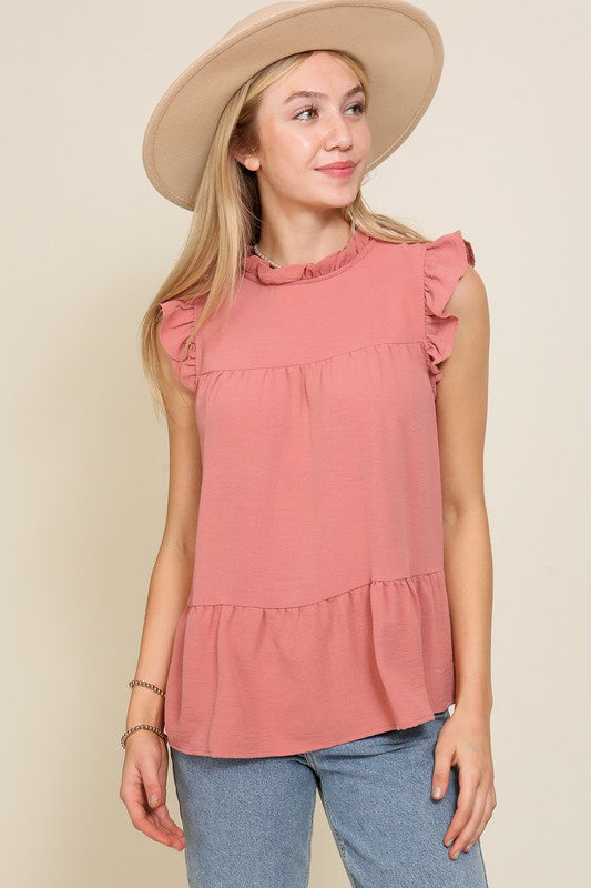BABYDOLL TOP WITH RUFFLE SLEEVES AND NECKLINE - Vella Moda