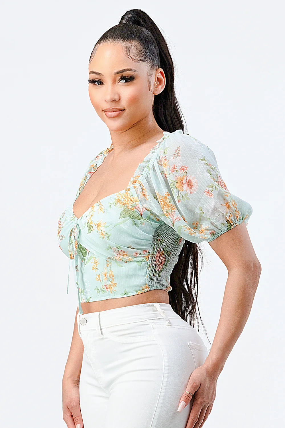 FLORAL CHIFFON SMOCKED SWEETHEART TOP - Vella Moda