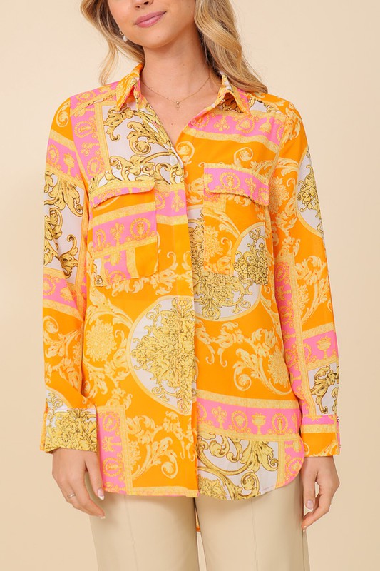 Bella Moda Latina Italian print button-down top, stylish casual tops with vibrant pattern and lightweight fabric.
