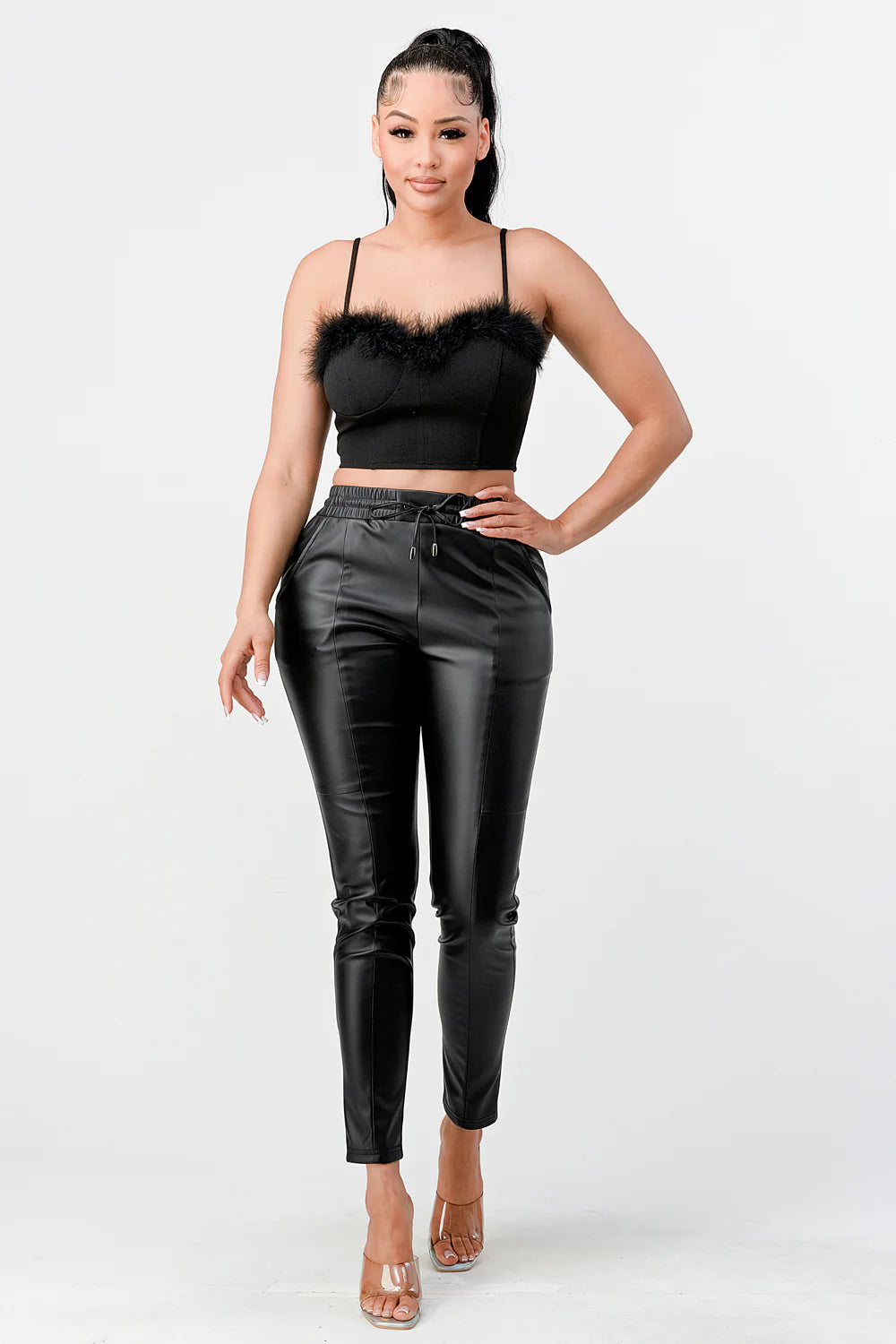 Bella Moda Latina Lux Fur Crepe Crop Top, close-up of the stylish crop top with fur texture and fitted design.