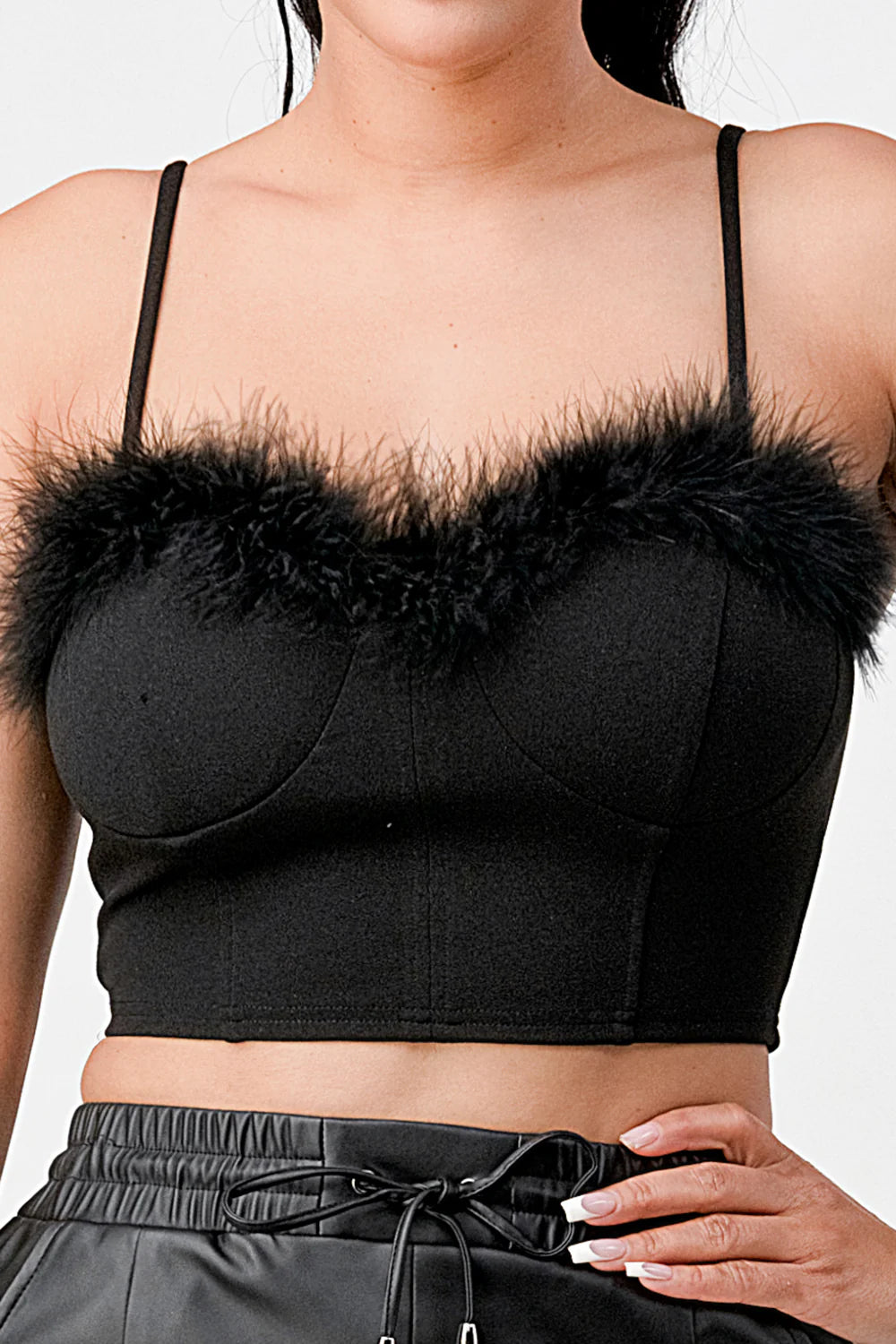 Bella Moda Latina Lux Fur Crepe Crop Top featuring soft fur texture and stylish design, shown in a close-up image.