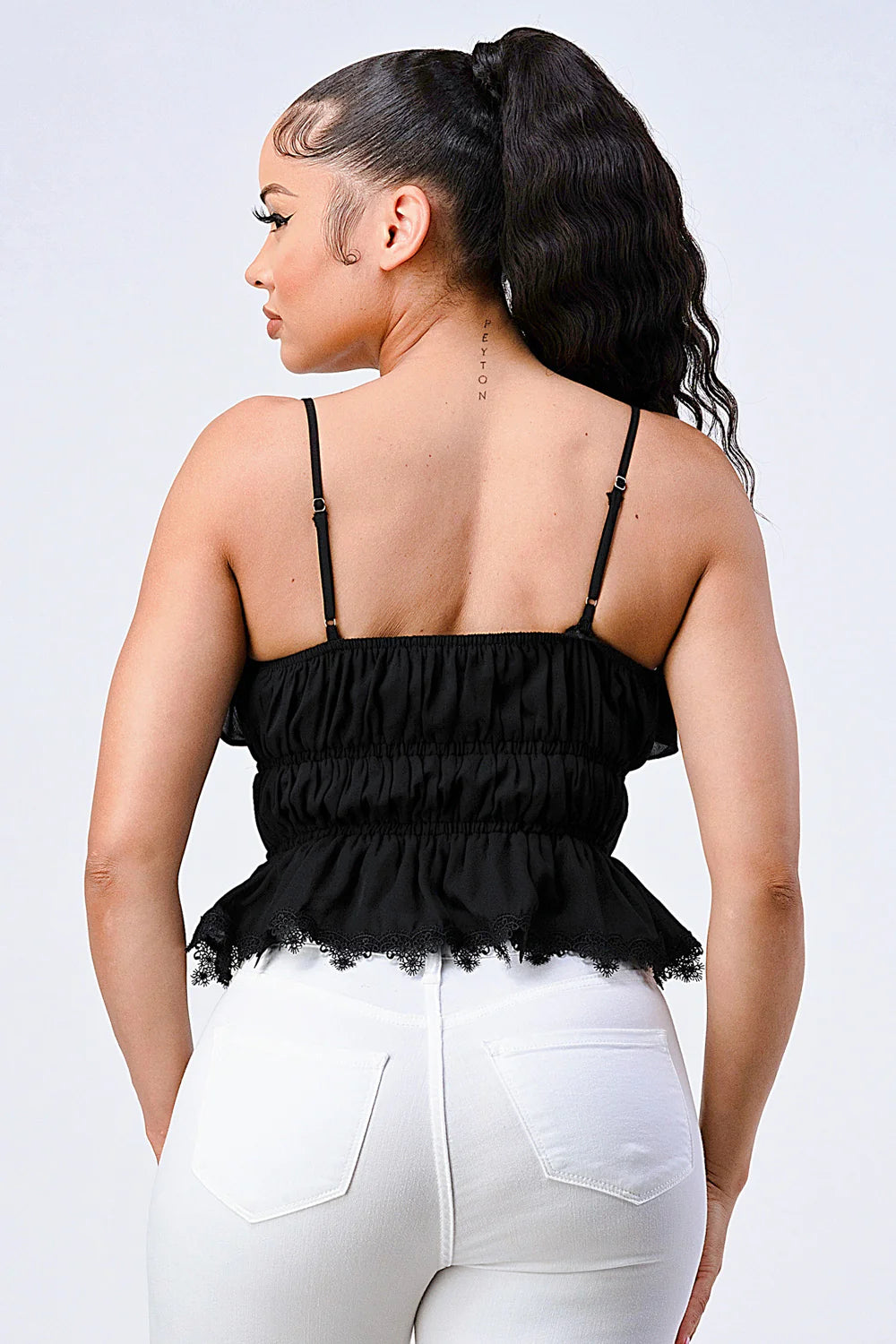 Bella Moda Latina smocked ruffled sweetheart top, featuring feminine design with ruffles and a flattering neckline, perfect for summer wear.