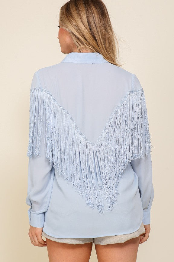 BUTTON DOWN CHIFFON WOVEN FRINGE TOP - Vella Moda