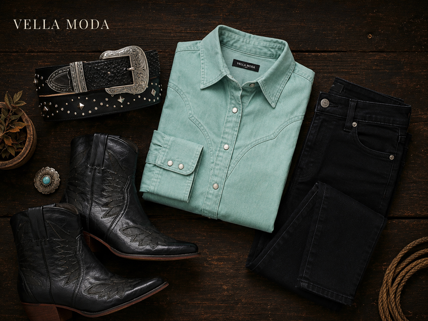 The Vellamoda three-piece formula — western shirt, python belt, and cowgirl boots laid flat