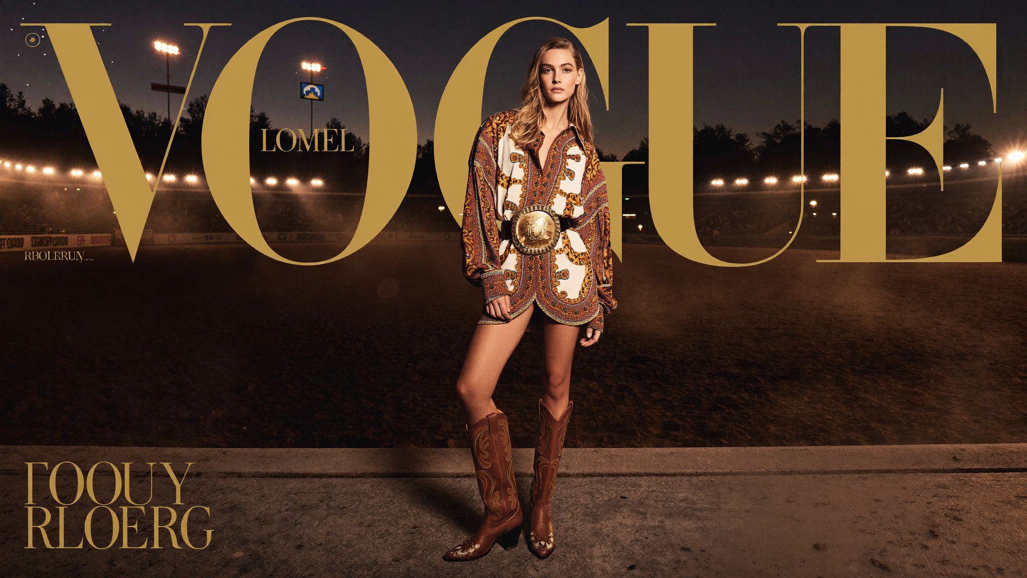 Dramatic rodeo arena editorial at dusk with western cowgirl fashion