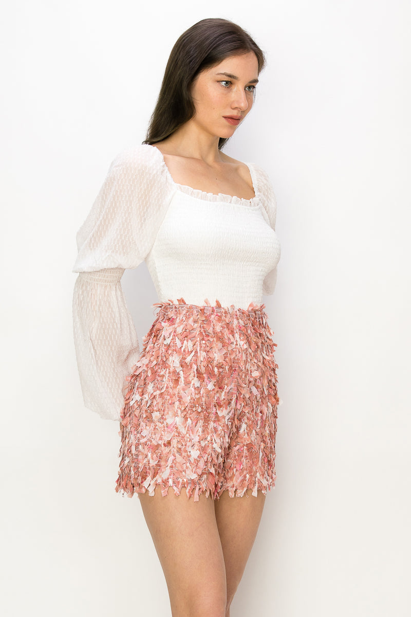 Square Neck Puff Long Sleeve Smocking Detail Blouse - Vella Moda