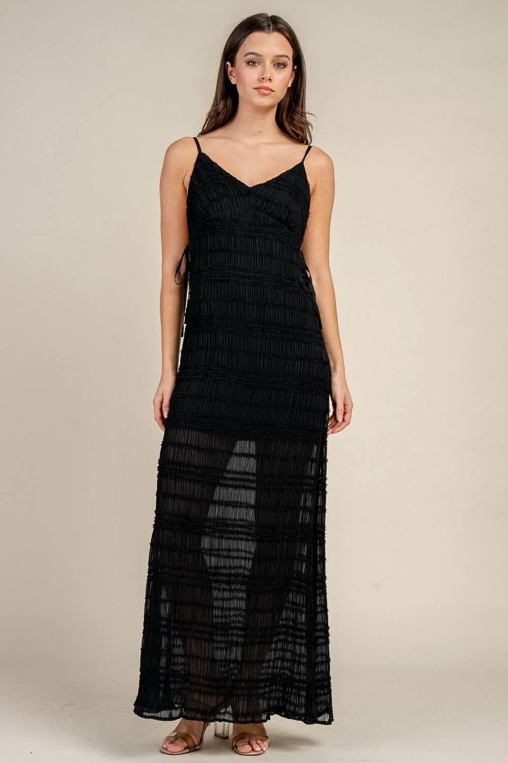 Smocked Spaghetti Strap Tie Side Maxi Dress