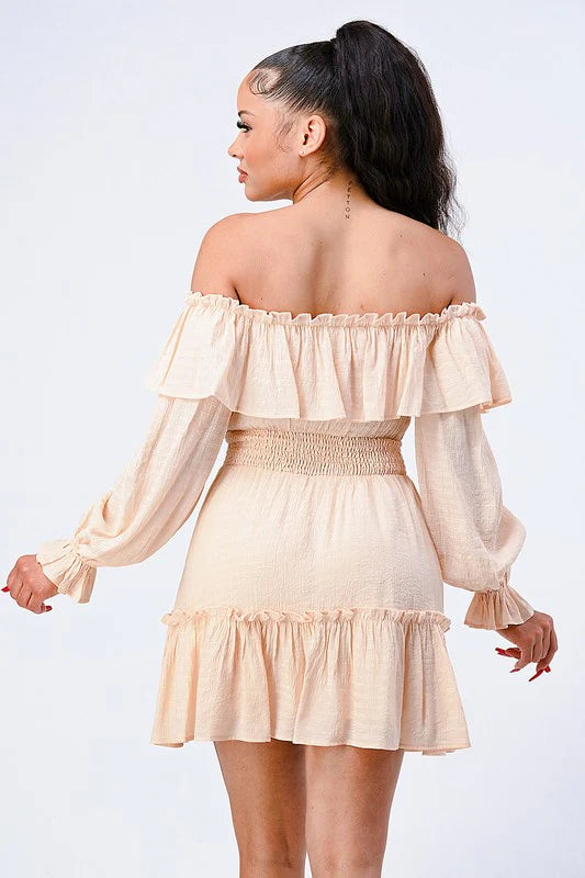 Off-Shoulder Ruffled Smocked Mini Dress