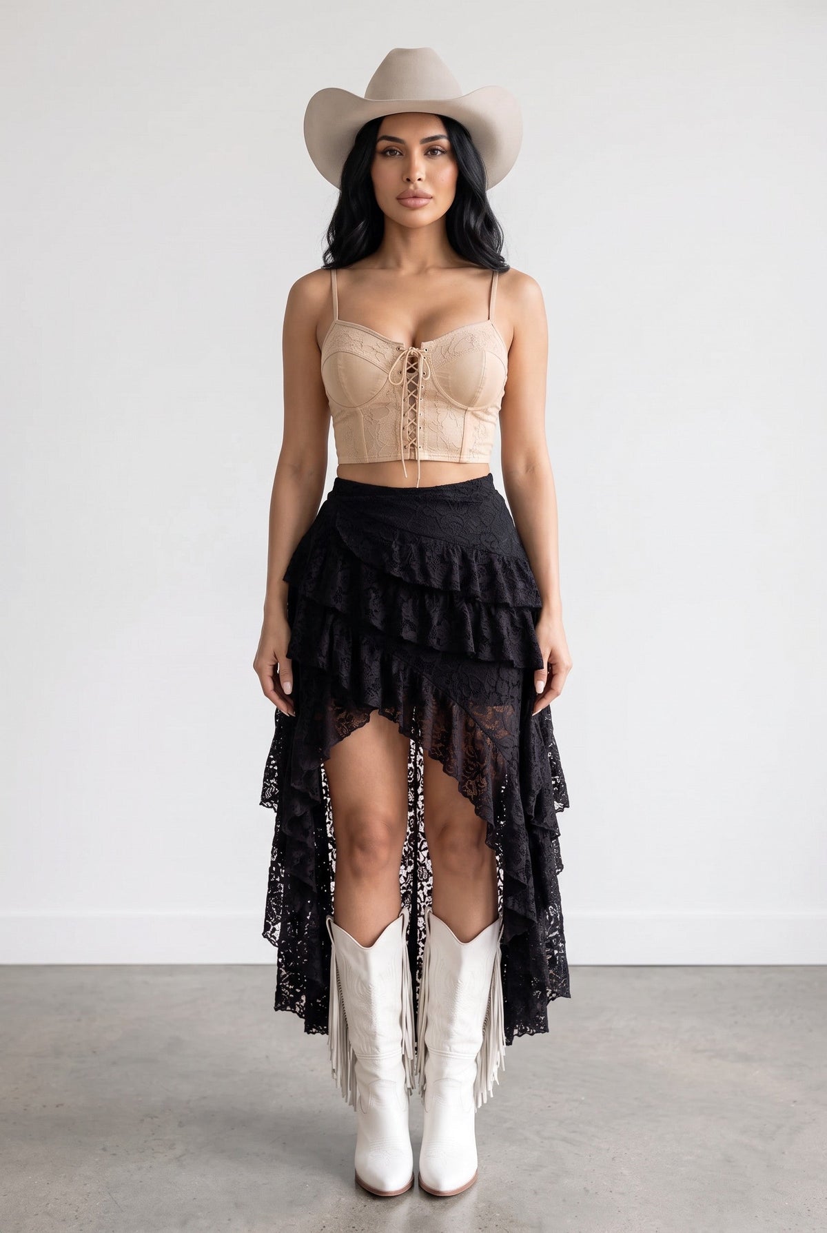 Vella Moda floral lace high-low ruffle maxi skirt with built-in shorts, styled on a virtual model.