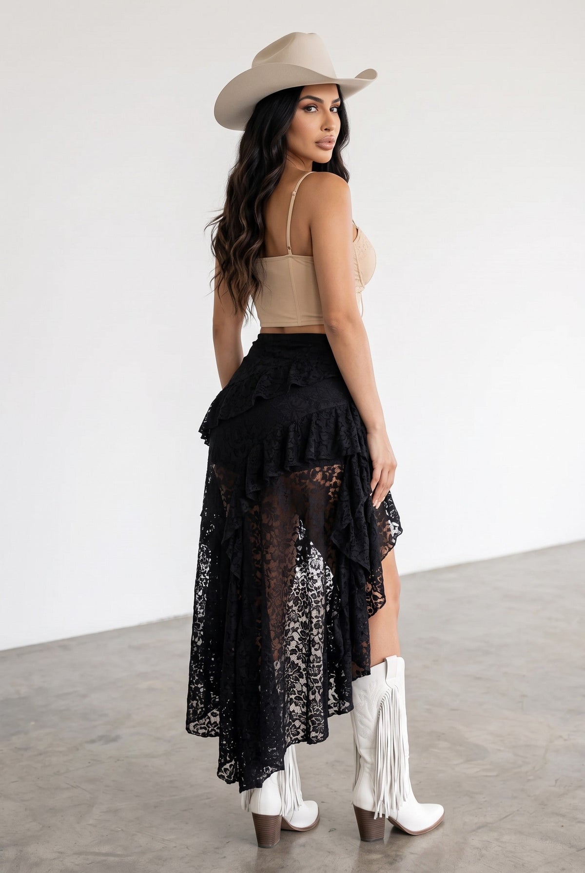 Vella Moda floral lace high-low ruffle maxi skirt with built-in shorts, shown on virtual model, featuring intricate lace and flowing design.