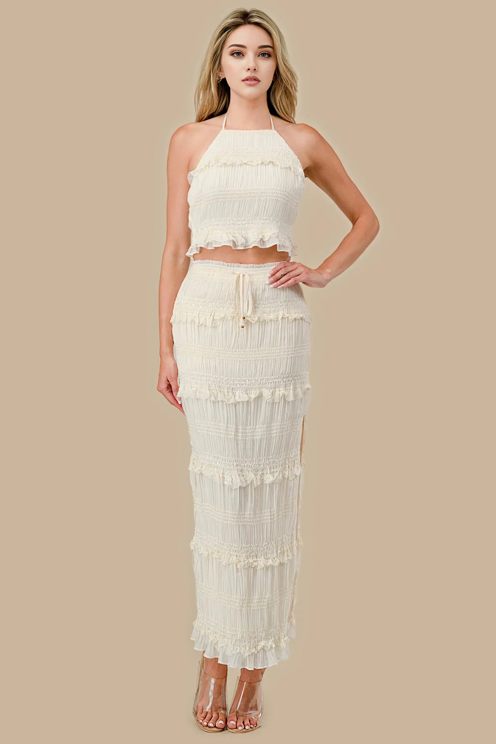 Smocked Chiffon Midi Skirt 2-Piece Set