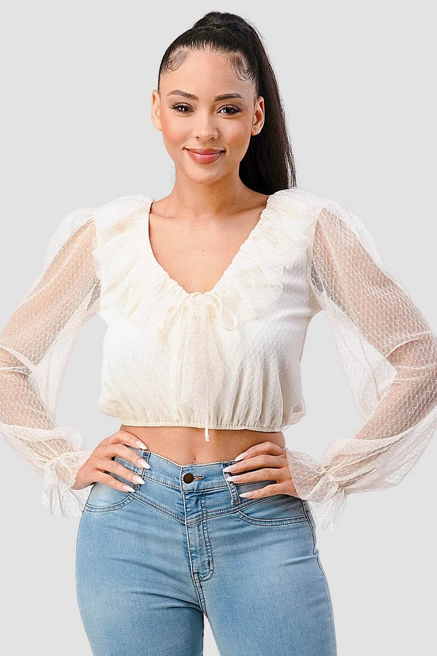 POLKA DOT MESH V-NECK RUFFLE DRAPED DRAWSTRING BOW PUFF LONG SLEEVES CROPPED TOP