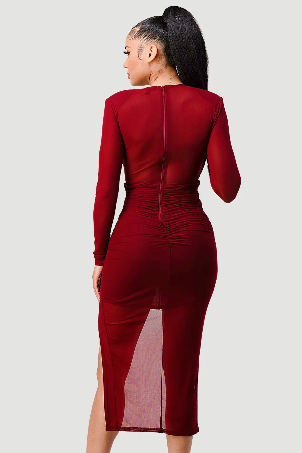 Sheer V-Neck High-Low Bodycon Dress