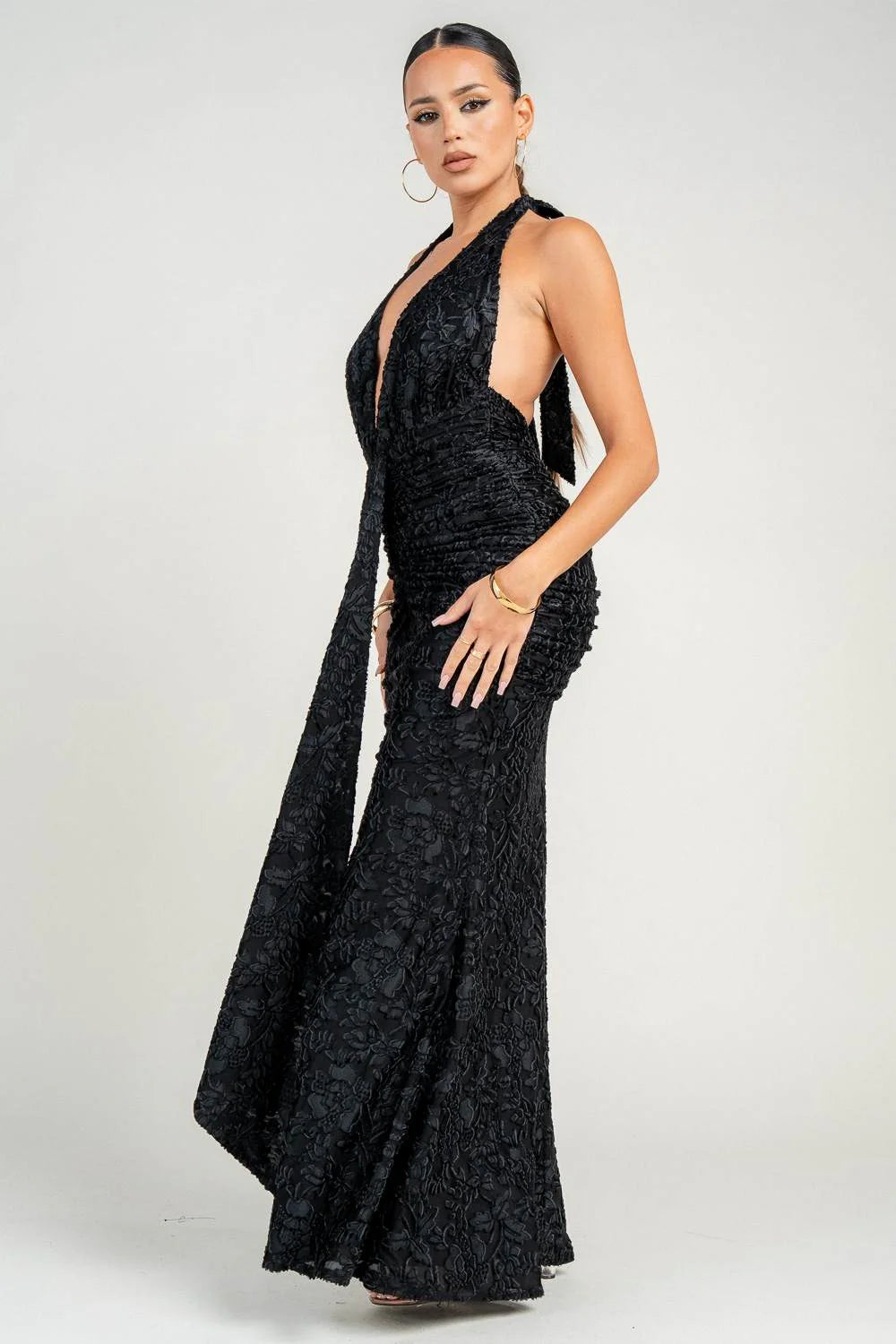 Deep Plunge Halter Maxi Dress