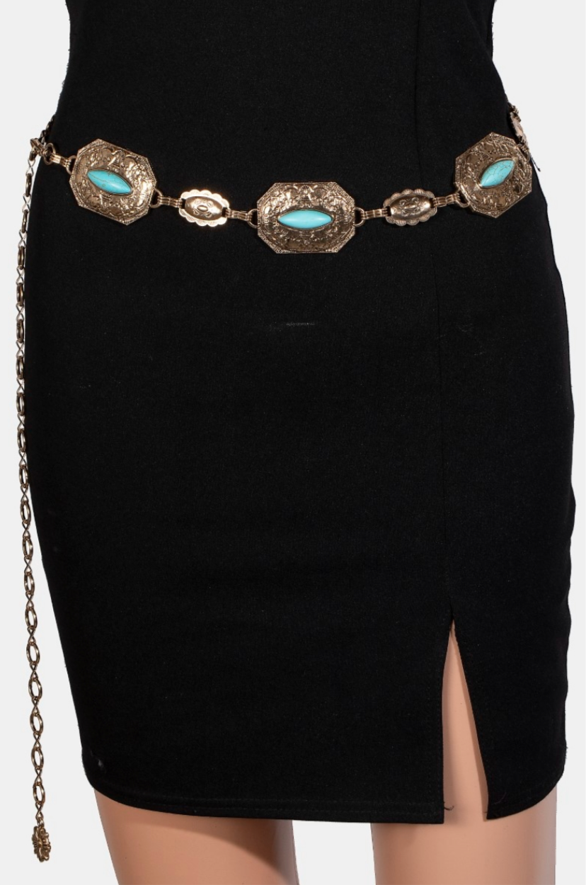 Oval Turquoise Stud Western Concho Chain Belt