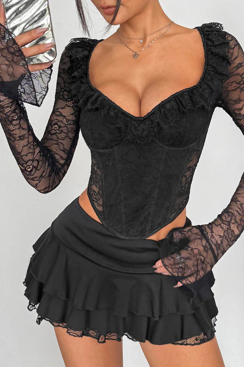 Romantic Ruffled Lace Long Sleeve Corset Top