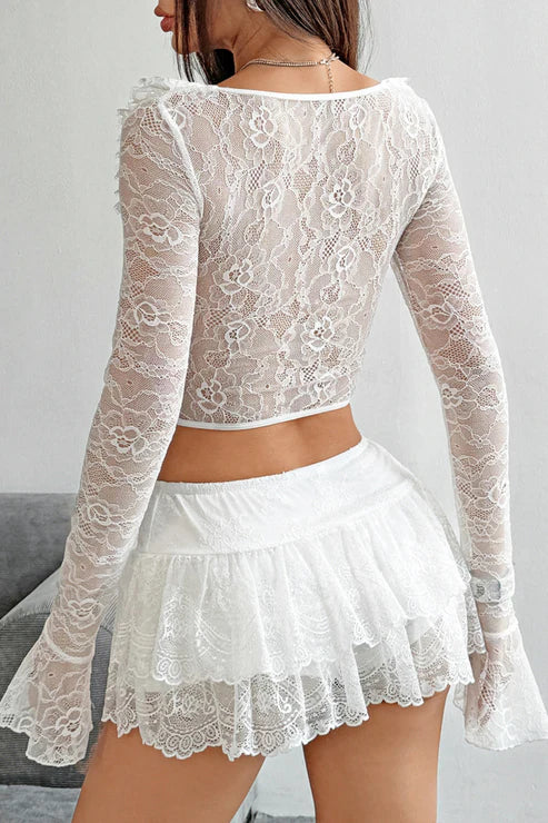 Romantic Ruffled Lace Long Sleeve Corset Top
