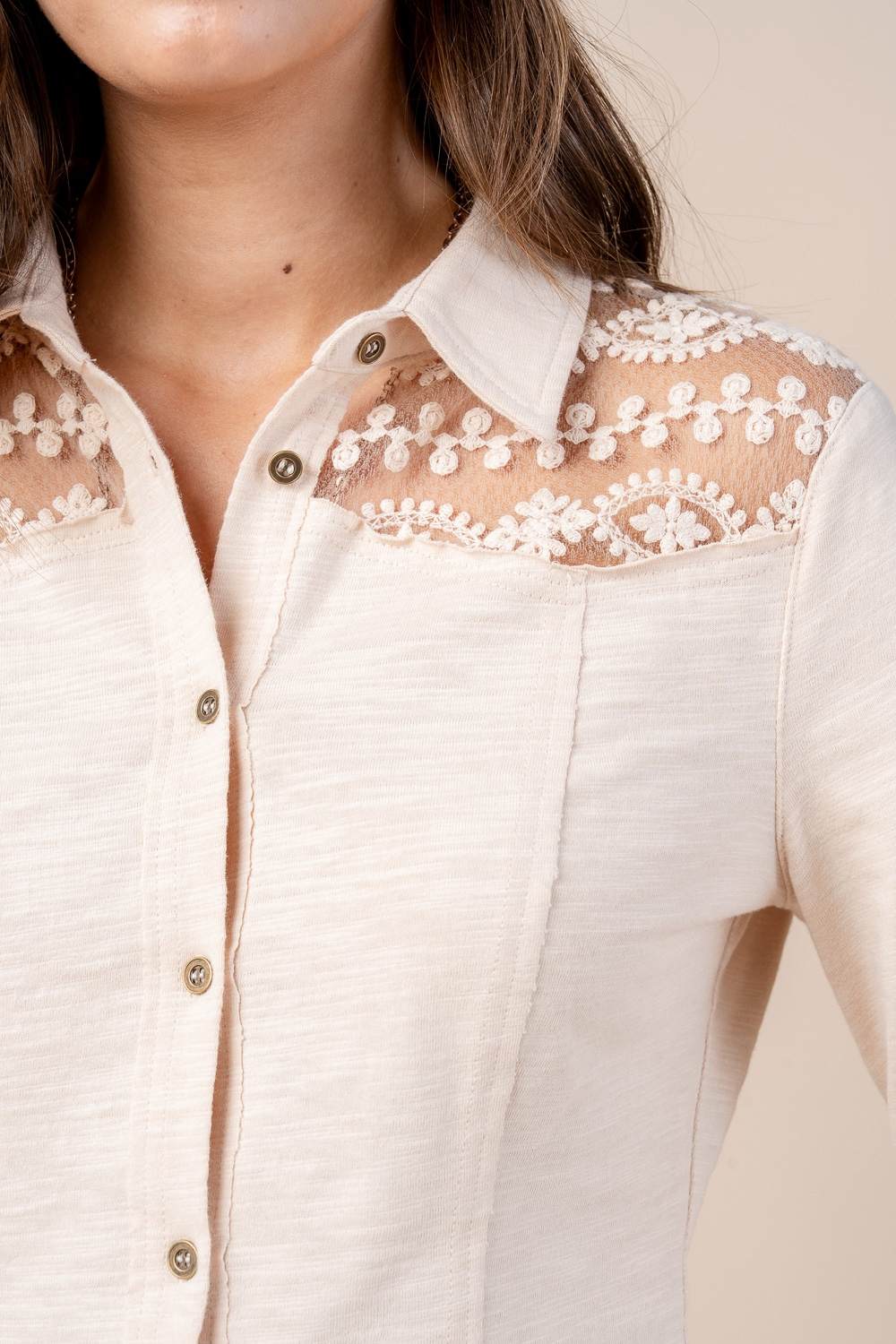 Lace Panel Button Down Knit Top