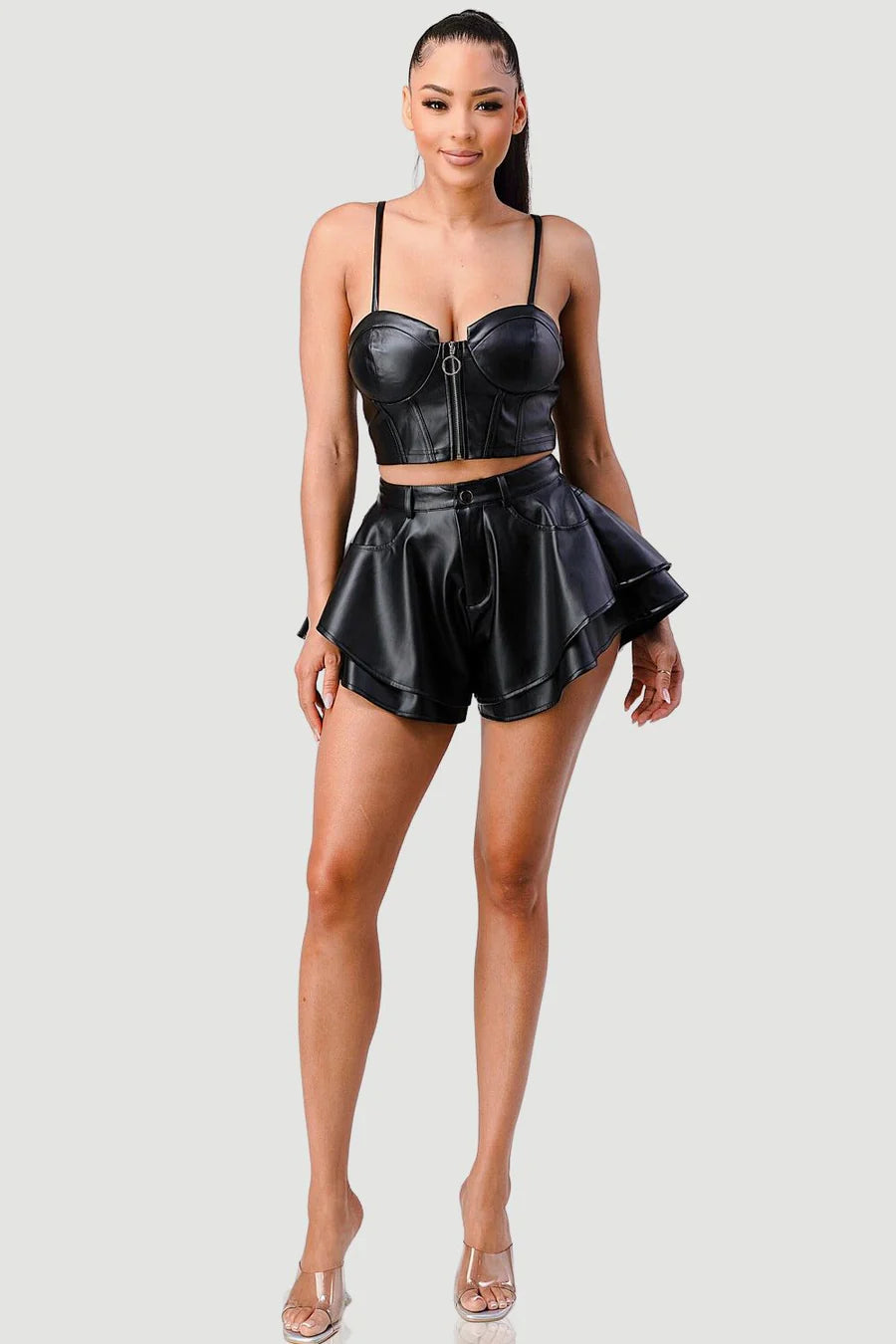 FAUX LEATHER CORSET TOP AND FLARED SHORTS SET