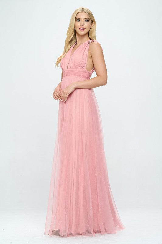 Plunging Neckline Layered Tulle Maxi Dress