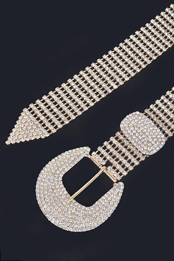 Gold Rhinestone Crystal Western Buckle Statement Belt