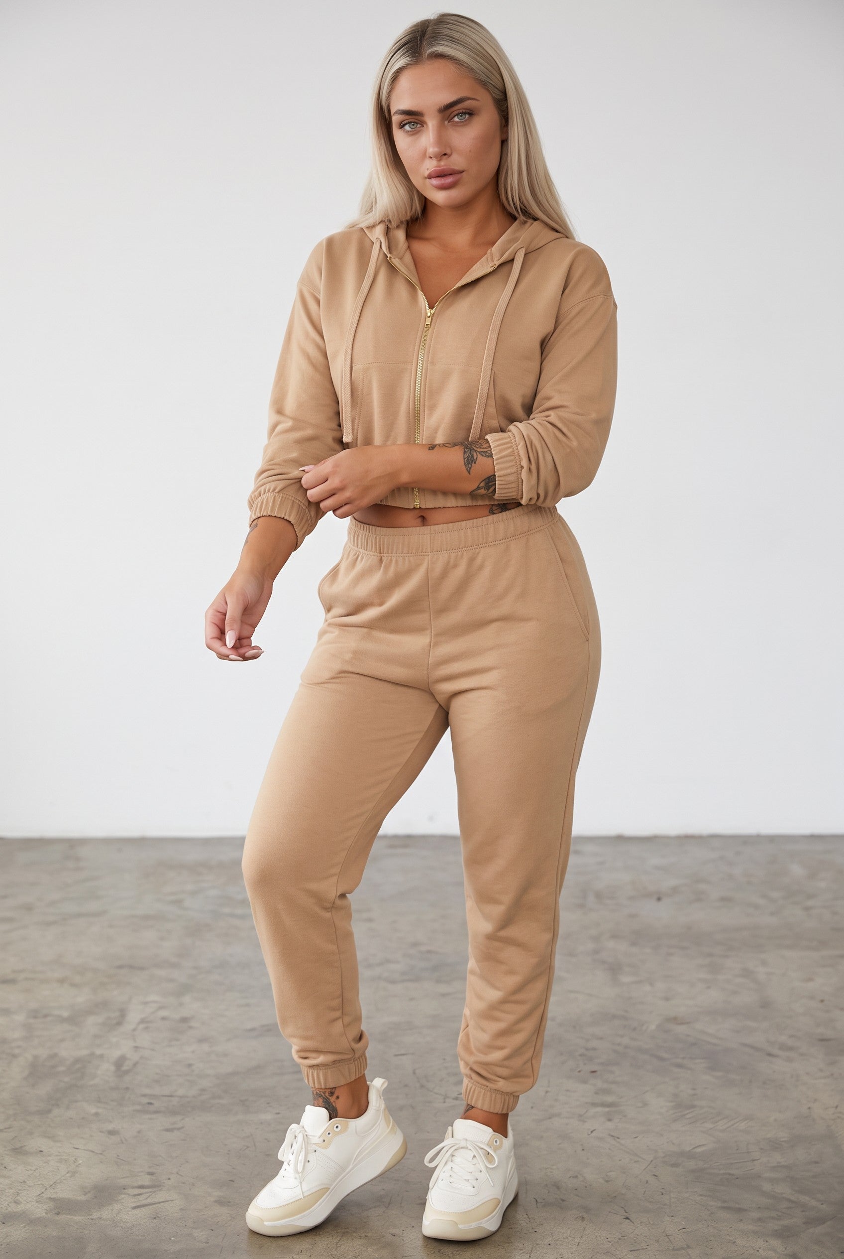 French Terry Cropped Zip-Up Hoodie & Jogger Set