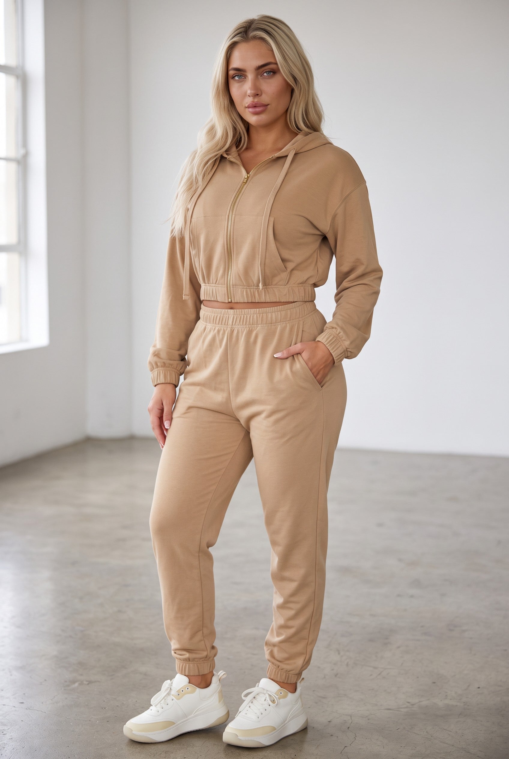 French Terry Cropped Zip-Up Hoodie & Jogger Set