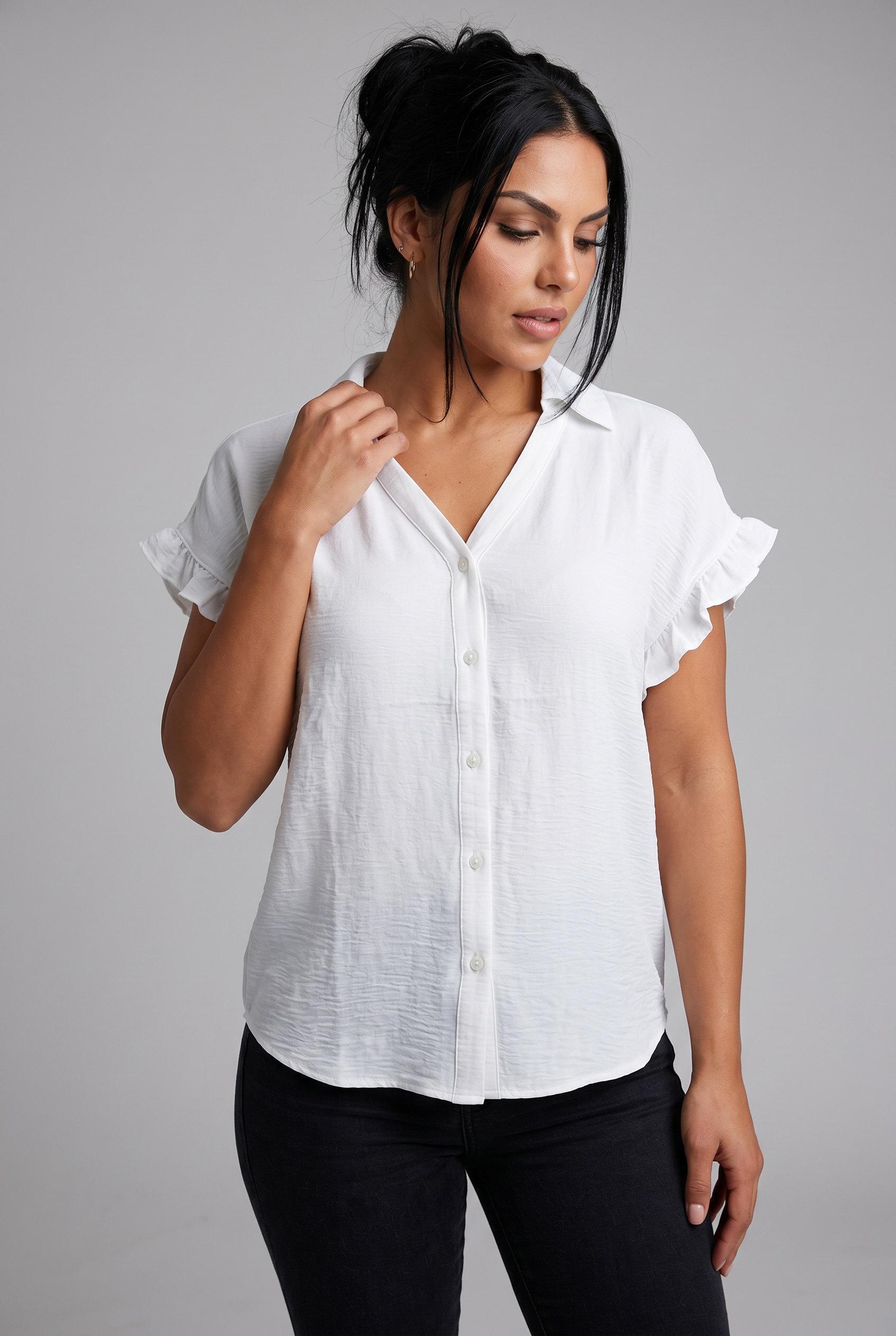 White Ruffle Sleeve Button-Up Blouse