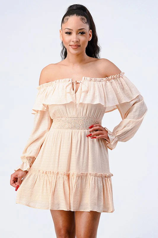 Off-Shoulder Ruffled Smocked Mini Dress