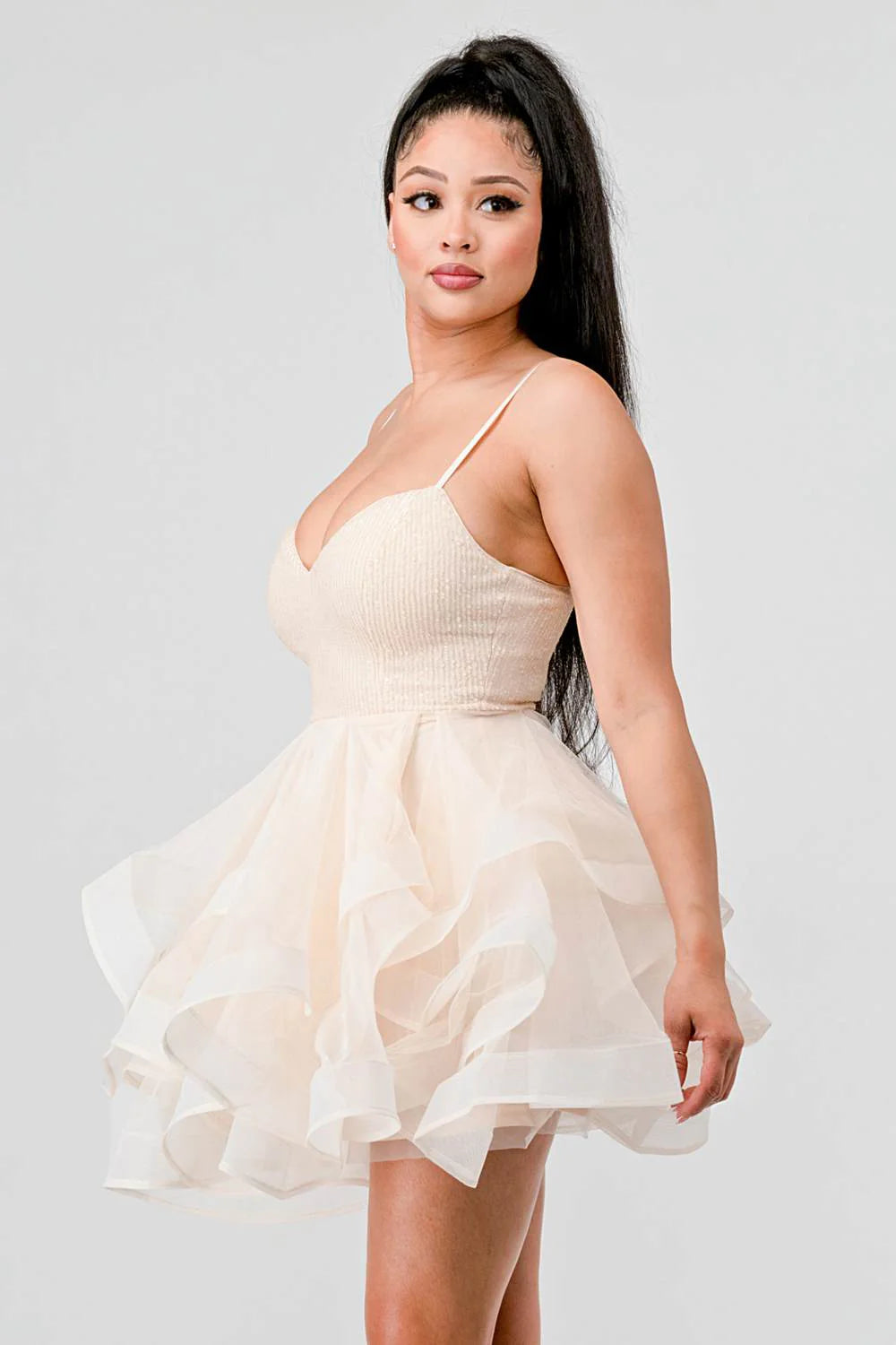SEQUINS AND TULLE SWEETHEART NECKLINE RUFFLED MINI DRESS