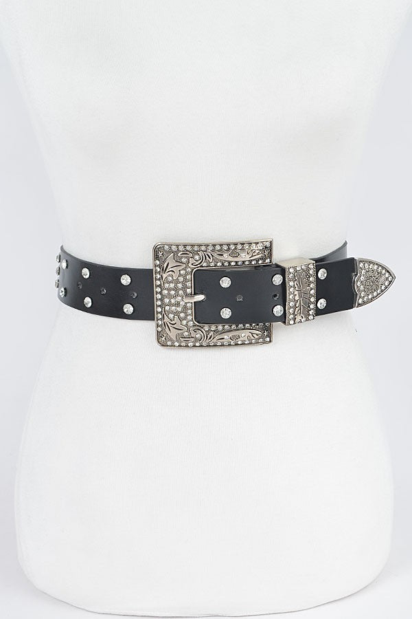 Black Studded Crystal Western Engraved Buckle Belt
