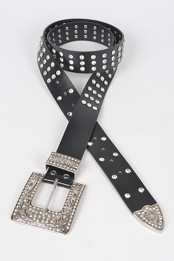 Black Studded Crystal Western Engraved Buckle Belt