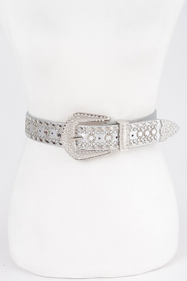 Denim Rhinestone Studded Western Buckle Belt