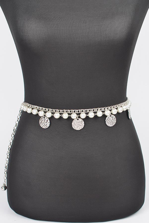 Pearl & Hammered Coin Layered Chain Belt