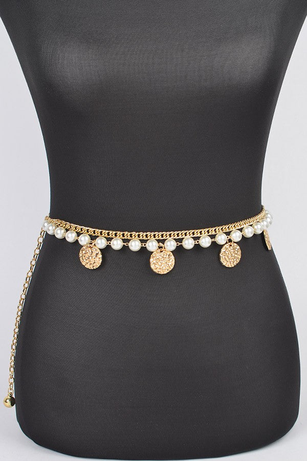 Pearl & Hammered Coin Layered Chain Belt