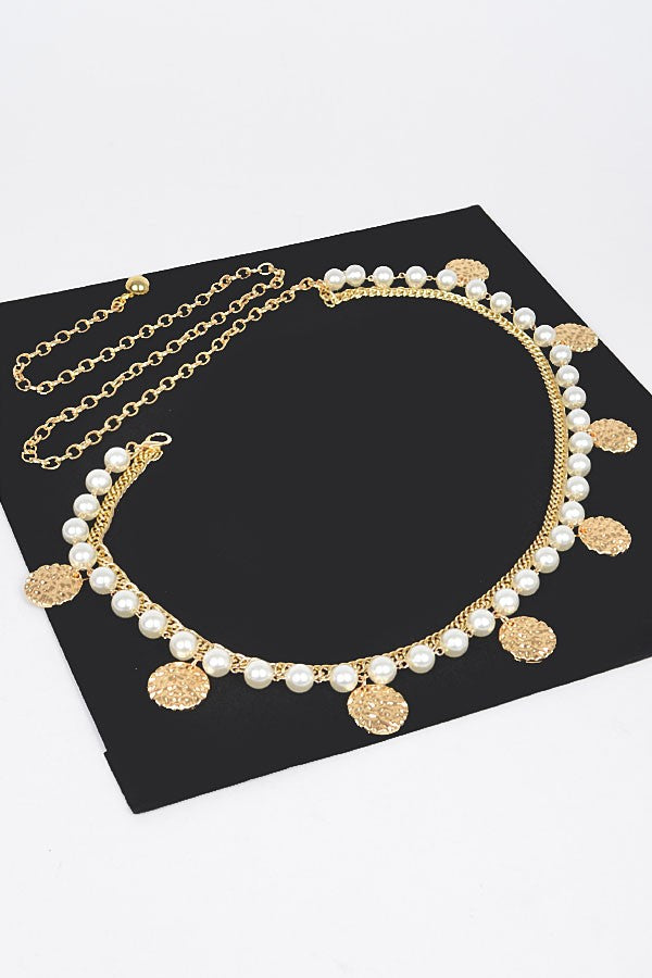 Pearl & Hammered Coin Layered Chain Belt