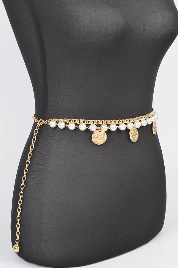 Pearl & Hammered Coin Layered Chain Belt