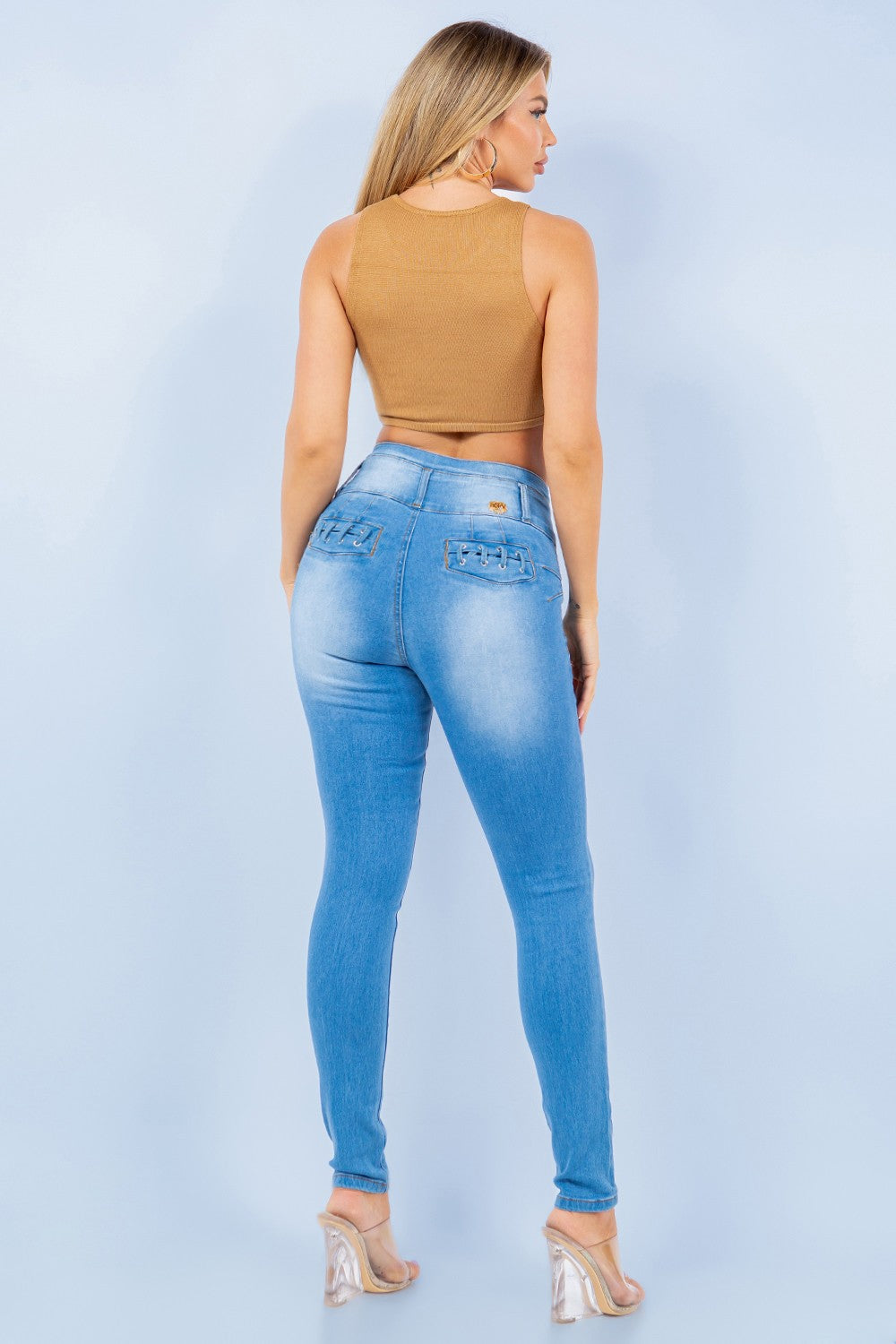Push-Up Colombian Skinny Jeans with Lace-Up Back Detail – Light Blue